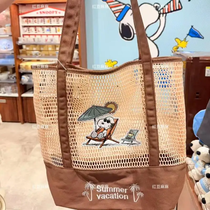 Kawaii Snoopy Mesh Drawstring Bucket Bag Crossbody Shoulder Bag Summer Vacation Beach Handbag Casual Travel Storage Purse Foruse