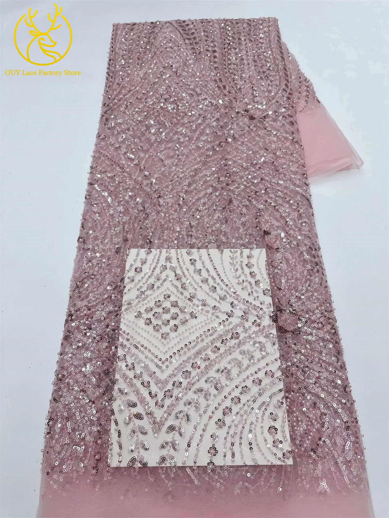 5 Yards afrikanischer Perlen-Pailletten-Spitzenstoff 2026 Hochwertiger nigerianischer französischer Tüll-Mesh-Spitzenstoff für Hochzeitskleider zum Nähen – Detail 24