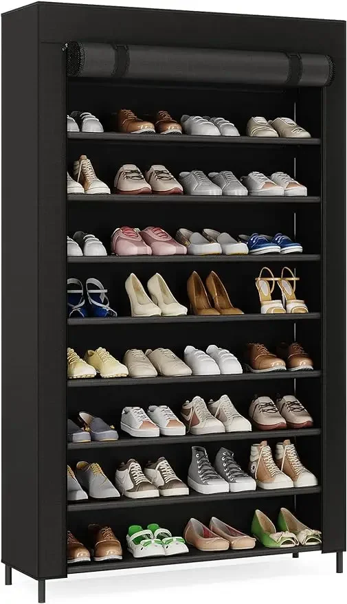 Shoe Rack9 Tier Storage Organizer Tall Shelf with Nonwoven Fabric Cover for 40-50 Pairs of Shoes (Black)