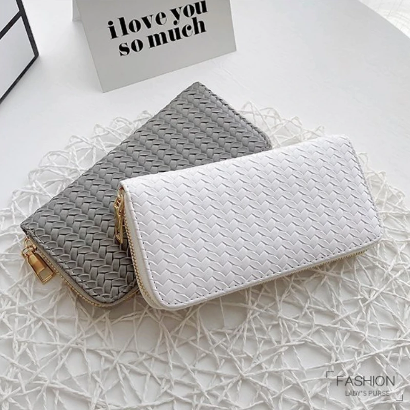 Ladies Designer PU Leather Woven Wallet Portable Mid-length Zipper Clutch Bag Fashion Temperament Coin Clip Bag Card Holder