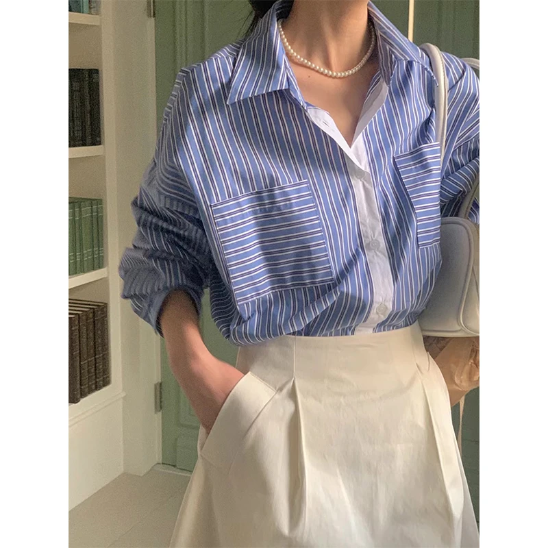 

Vintage Striped Shirts Women Elegant Patchwork Long Sleeve Blouses Summer Office Ladies Korean Single Breasted Loose Design Tops