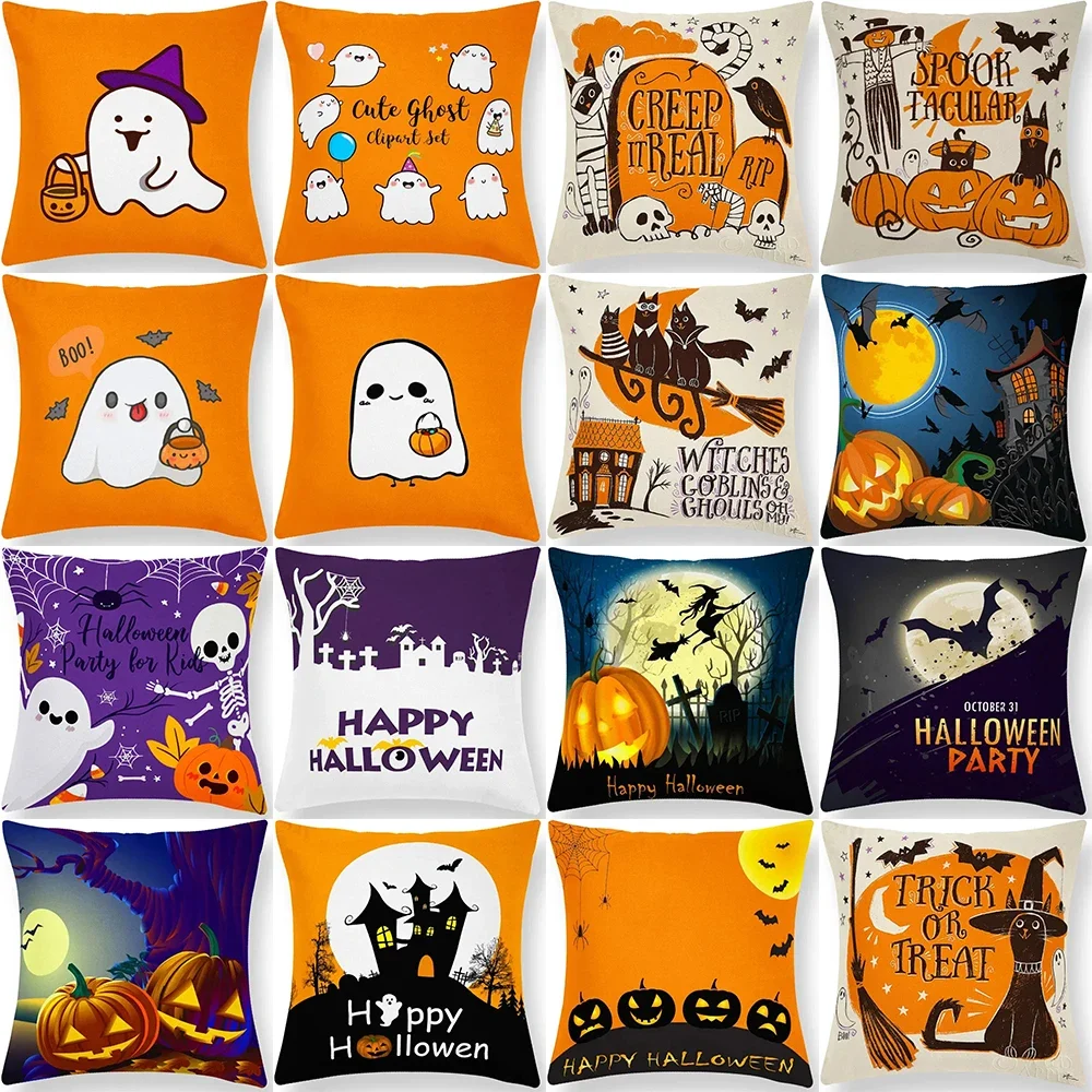 

Halloween Decorative Cushion Cover Cute Ghost Pumpkin Cat Pattern Pillow Cover Suitable for Home Living Room Sofa Room