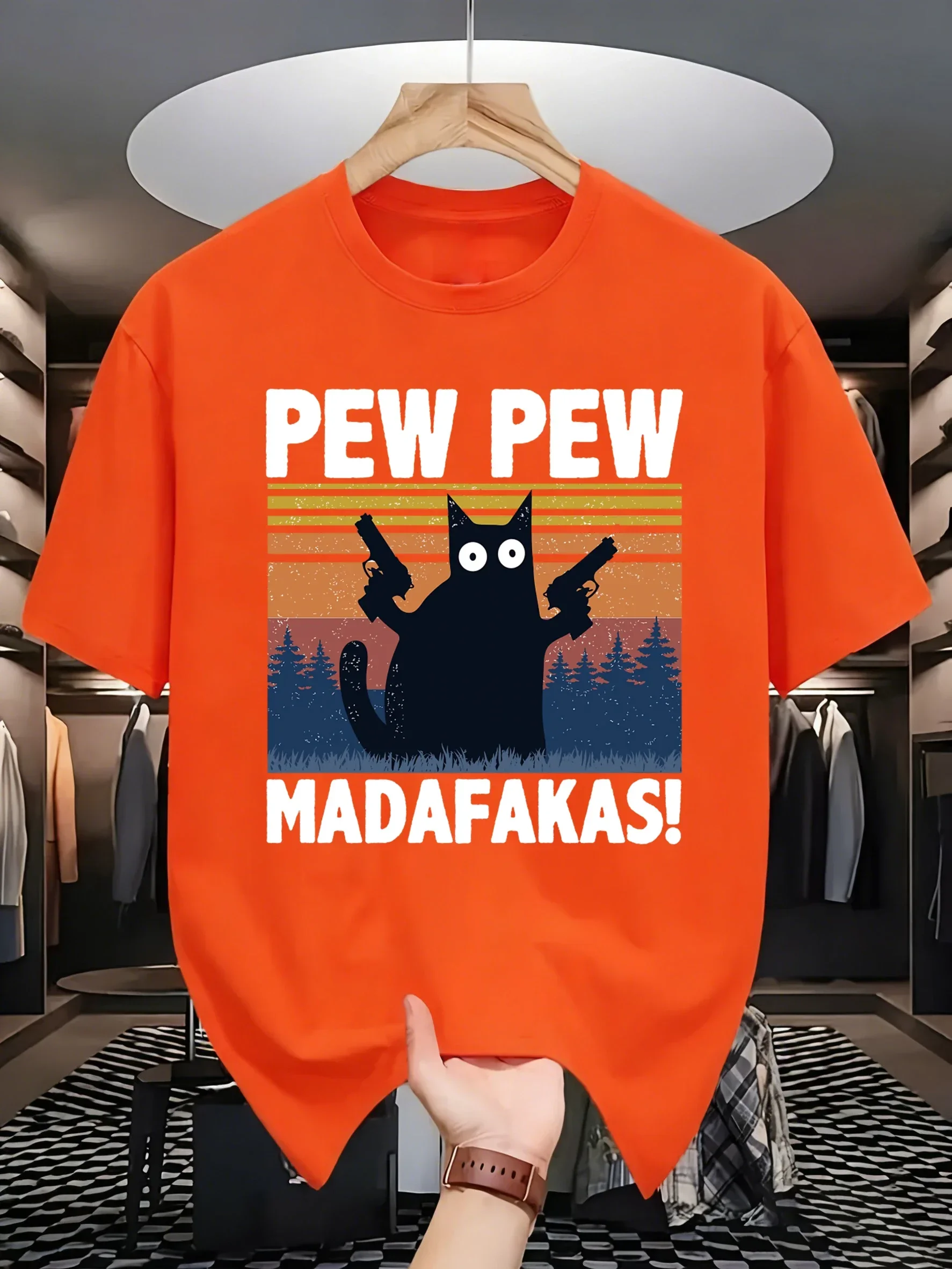 Pew Pew Madafakas A Cat Holding A Handgun Prints Daily Thin T-Shirt Man Summer Trendy Loose Clothes Cotton All-Match Sportswear