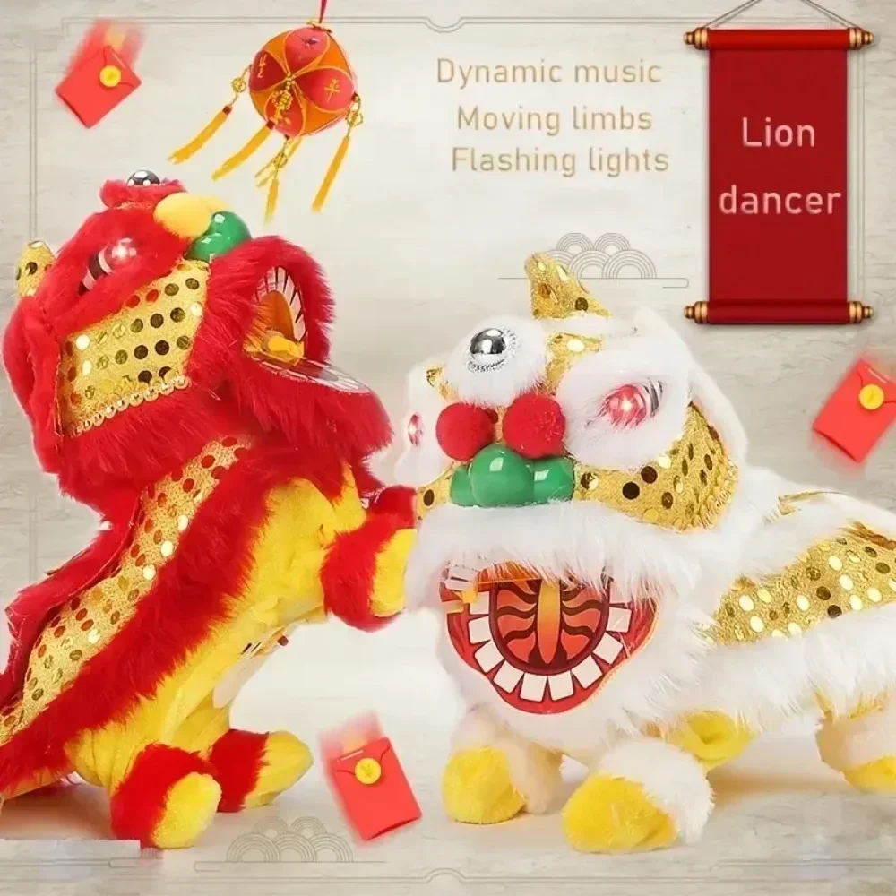 Ano novo elétrico leão dança robô interativo piscando sorte leão brinquedo eletrônico de pelúcia animal andando dança música brinquedo