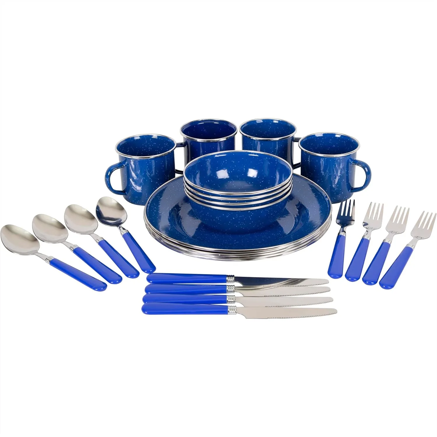 

24-Piece Enamel Tableware Set for Camping, Lightweight and Durable Plates Bowls Mugs Flatware for 4 People
