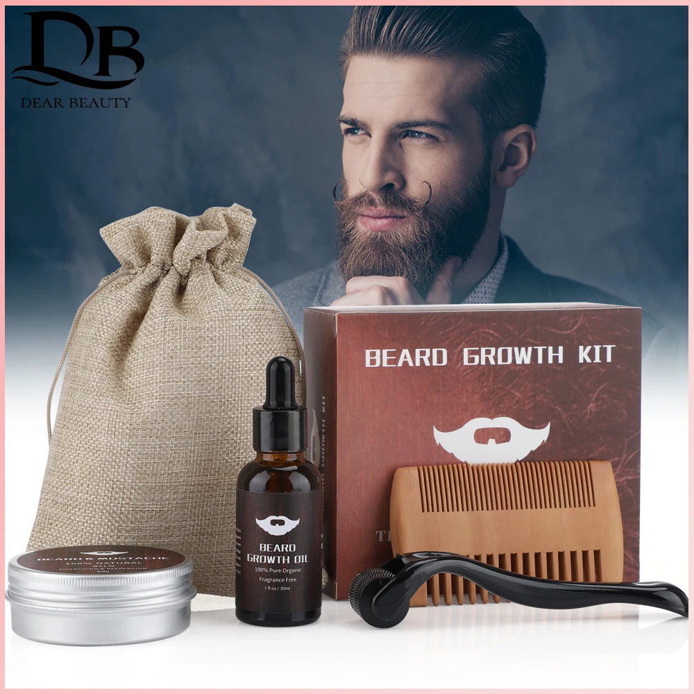 Beard Growth Kit Barber Hair Growth Enhancer Set Oil Serum Nourishing Essential Facial Care Kit Men Titanium Roller Balm Comb