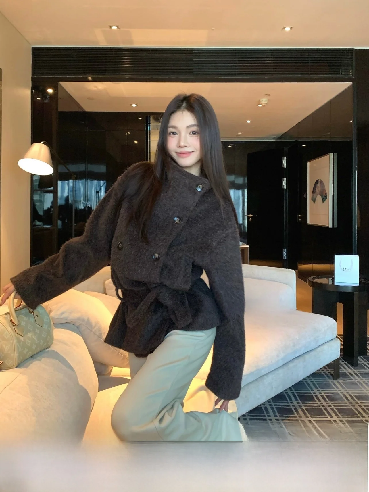 

UKILAU Корейское шерстяное пальто из смесовой шерсти для женщин, премиум-класса, черное, в клетку, с поясом, приталенное, зимнее, новинка