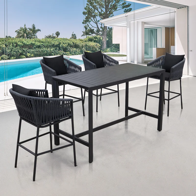 

Modern Black Patio Bistro Counter Height Stools Set Furniture Outdoor Garden High Bar Table and 4 Seater Chairs