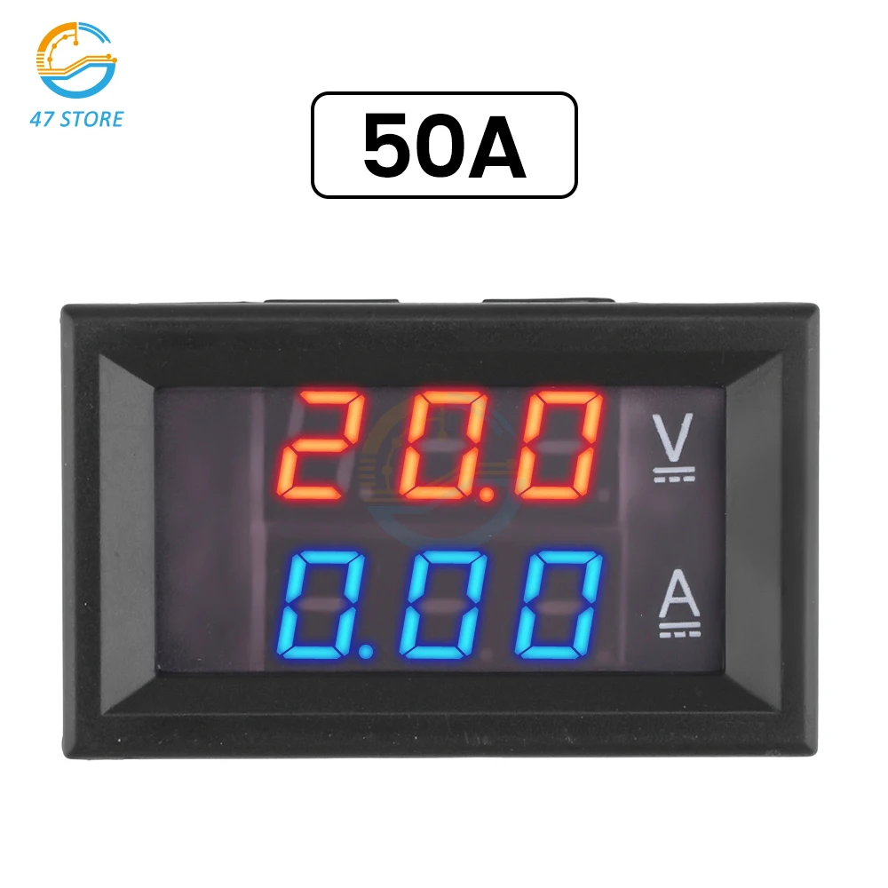Imagem -02 - Voltímetro Digital com Display Led Duplo Amperímetro Derivação Embutida com Aparador Medidor de Tensão 028 dc 4.530v 30a 50a Azul de Dígitos e Vermelho