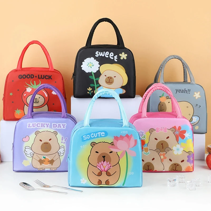 Cartone animato Capybara Borsa per il pranzo Contenitore per alimenti isolato Borsa termica portatile Bento Box Borsa per alimenti per picnic scolastico per studenti
