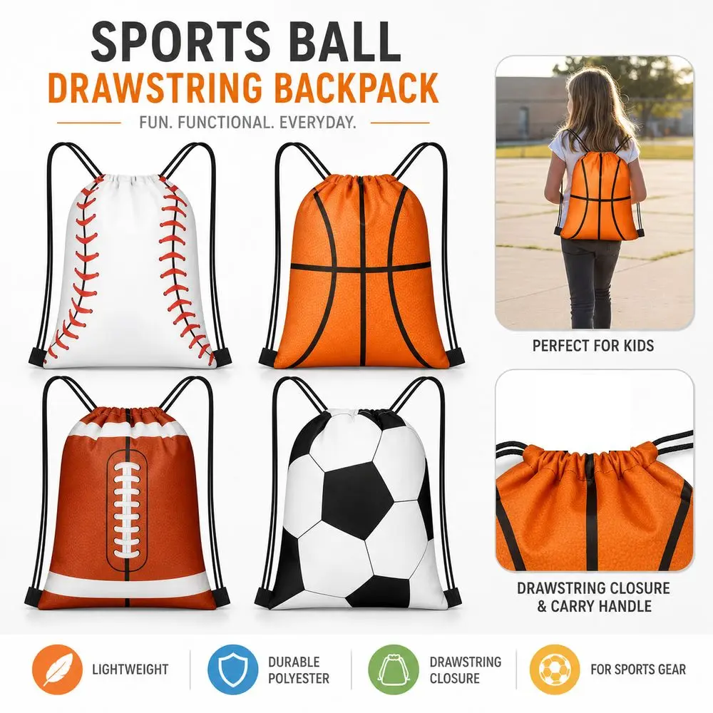 Polyester Drawstring Backpack Ball Pattern Hand Carry Sports Drawstring Bag Multi-Purpose Adjustable String Closure Backpack