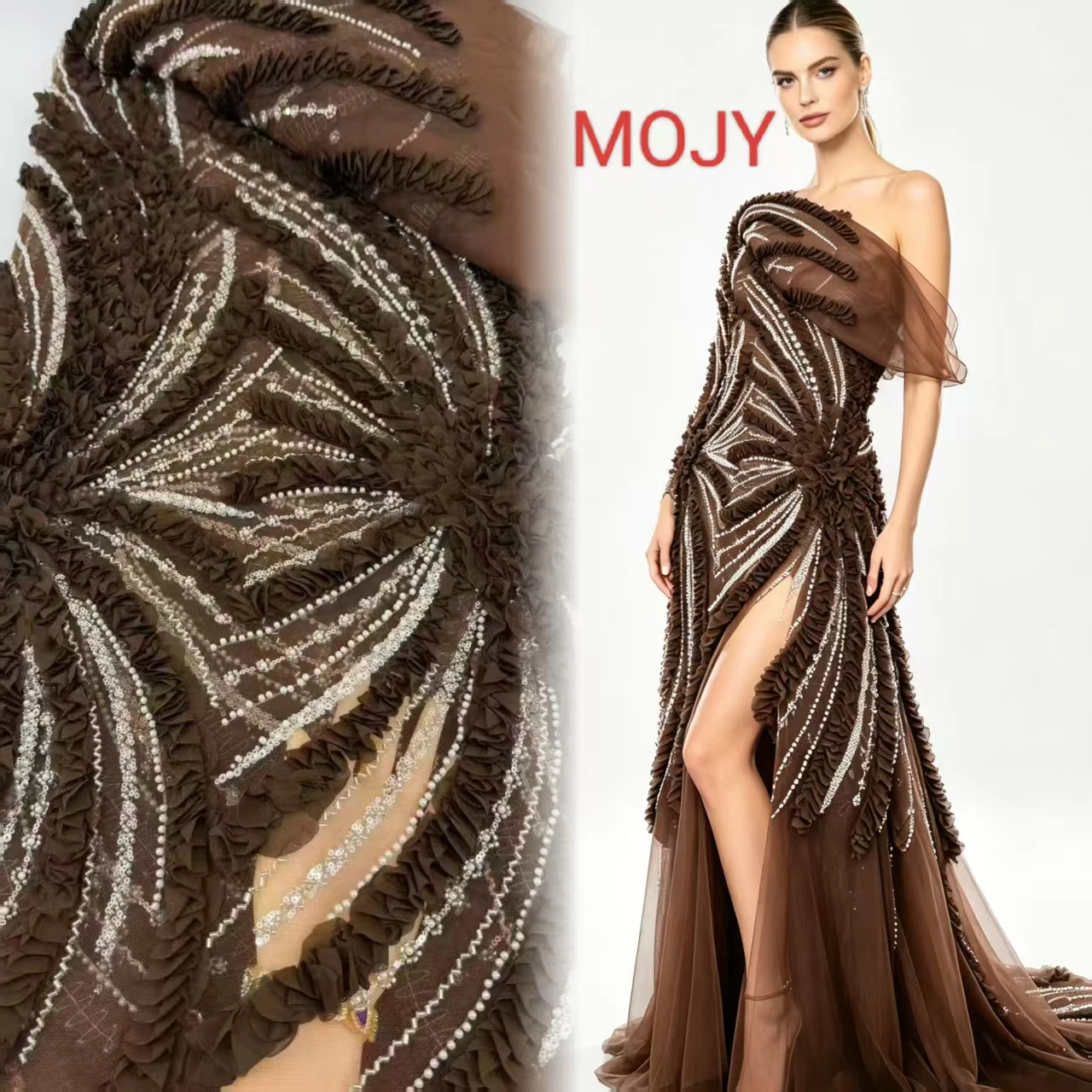 Brown 3D Ruffled Tulle Lace Fabric With Silver Beads Sequins African Lace For Wedding Evening Party Dress