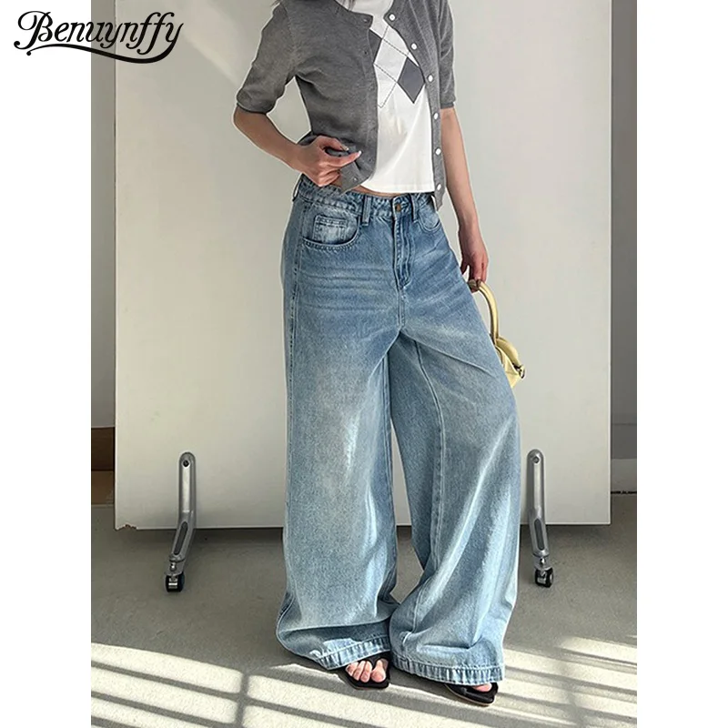 

Benuynffy Harajuku Y2K High Street Washed Loose Jeans Women 2026 Spring New Retro All-Match Low Waist Wide Leg Long Trousers