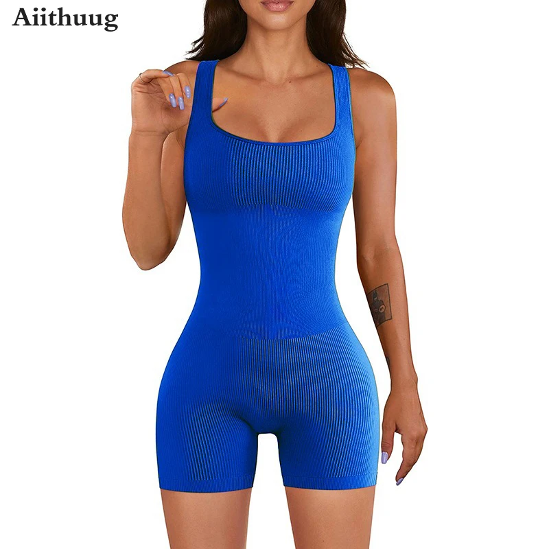 

Aiithuug Built-in Cup Yoga Jumpsuits Shorts Sexy One Piece Bodysuits Workout Sleeveless Backless Seamless Bodycon Outfit Clothes