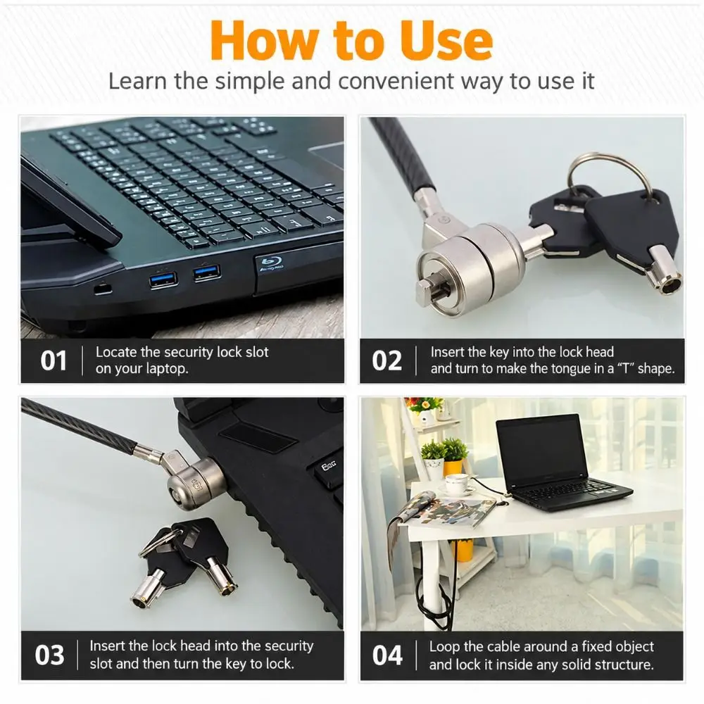 Heavy Duty Steel Lock Laptop Cable Lock Universal Fit T-slot Laptop Theft Lock Durable Anti-Theft Lock School - view 2