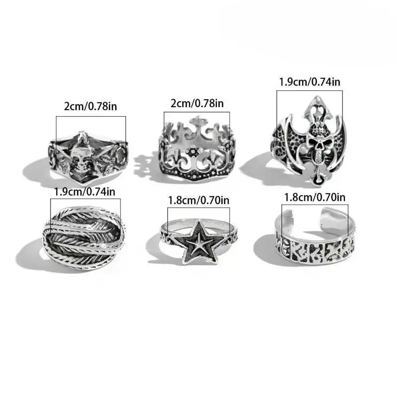 6 قطعة/المجموعة مجوهرات الهالوين القوطية المعادن الجمجمة رئيس خمس نقاط ستار قابل للتعديل الدائري للرجال خواتم فاسق هدية حفلة #5