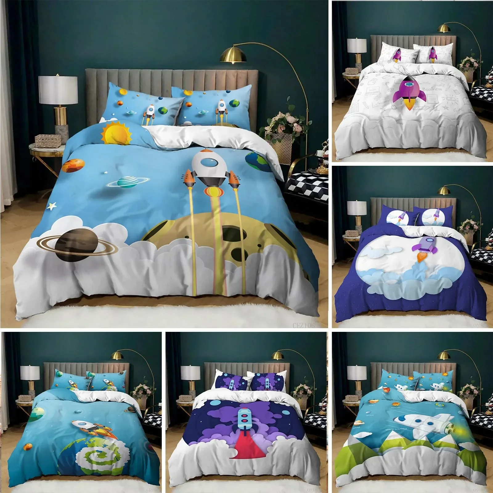 

Cartoon Duvet Cover Set Science Fiction Space Themed with Earth and Rocket,Decorative 3 Piece Bedding Set,Queen Size Quilt Cover