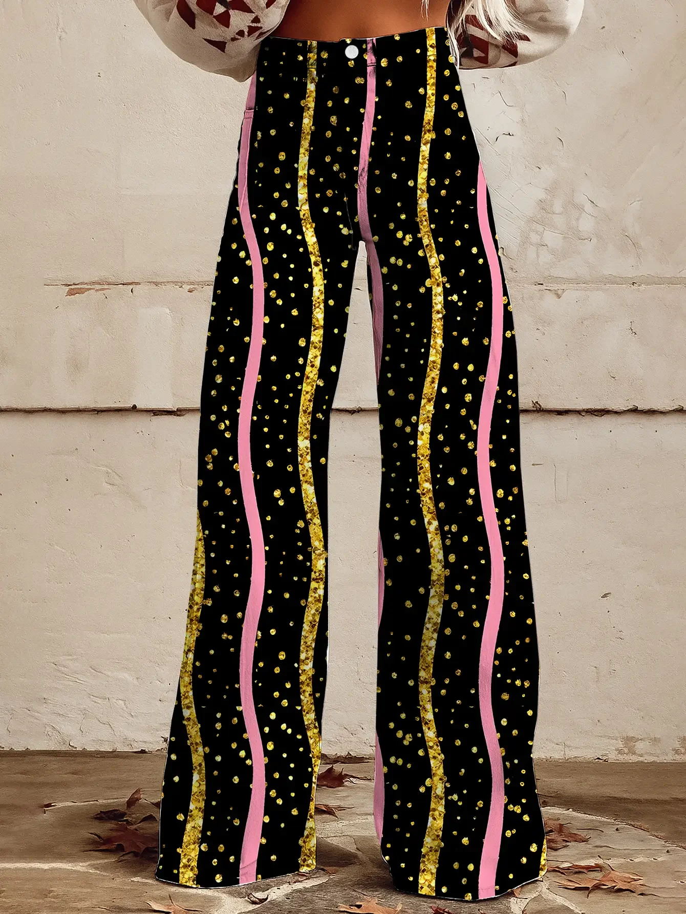 

Women's new printed jeans with denim like fabric, Retro Romantic Pink Black Rose Pattern Printed Loose Horn Imitation Jeans