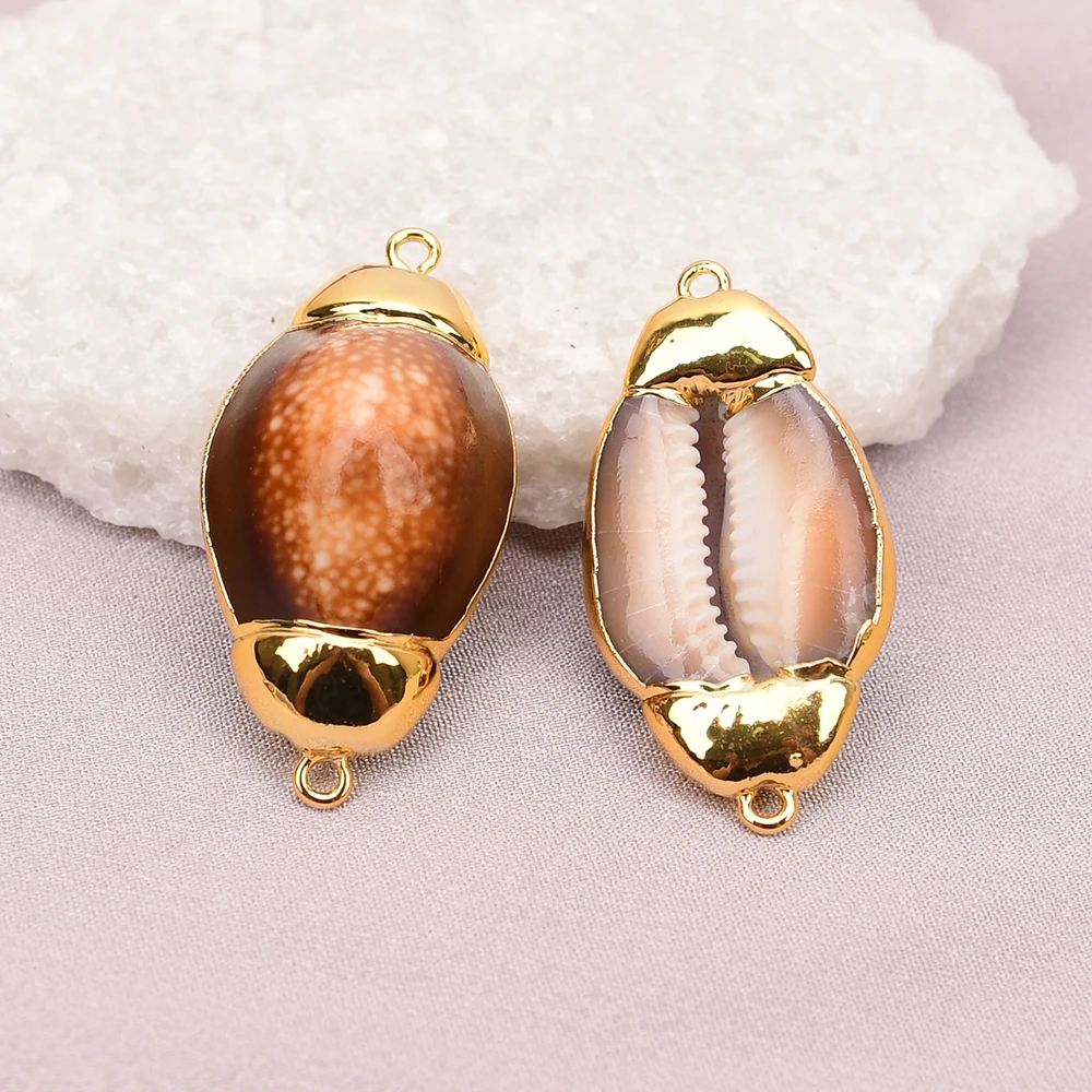APDGG 5 Pcs Natural Coffee Color Shell Beads Gold Plated Double Rings Connector Jewelry DIY