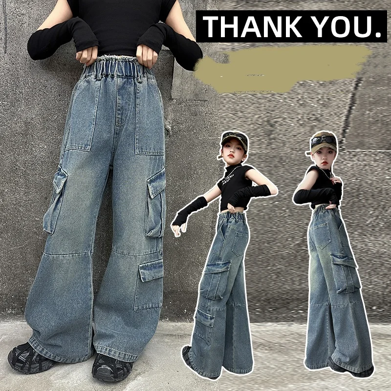 

Girl Jeans Ages 4-14Y Child Cargo Pants Tween Girls Denim Students Spring Autumn Fashion Long Trousers Toddler Loose Blue Jeans