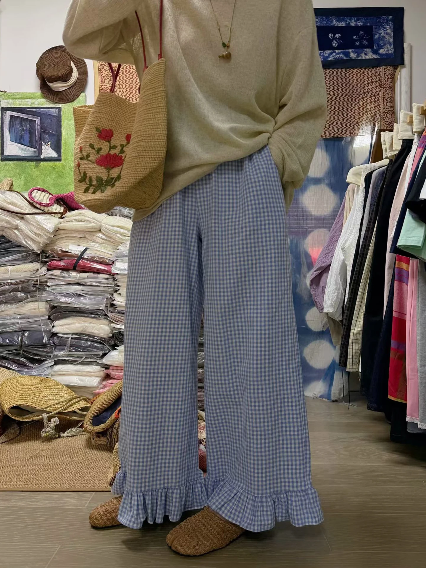 

Retro Floral Lace Pants plus Size Women's Summer Cotton Trousers Slimming Blue Pink Green Plaid Wide Leg Pants for plus Size