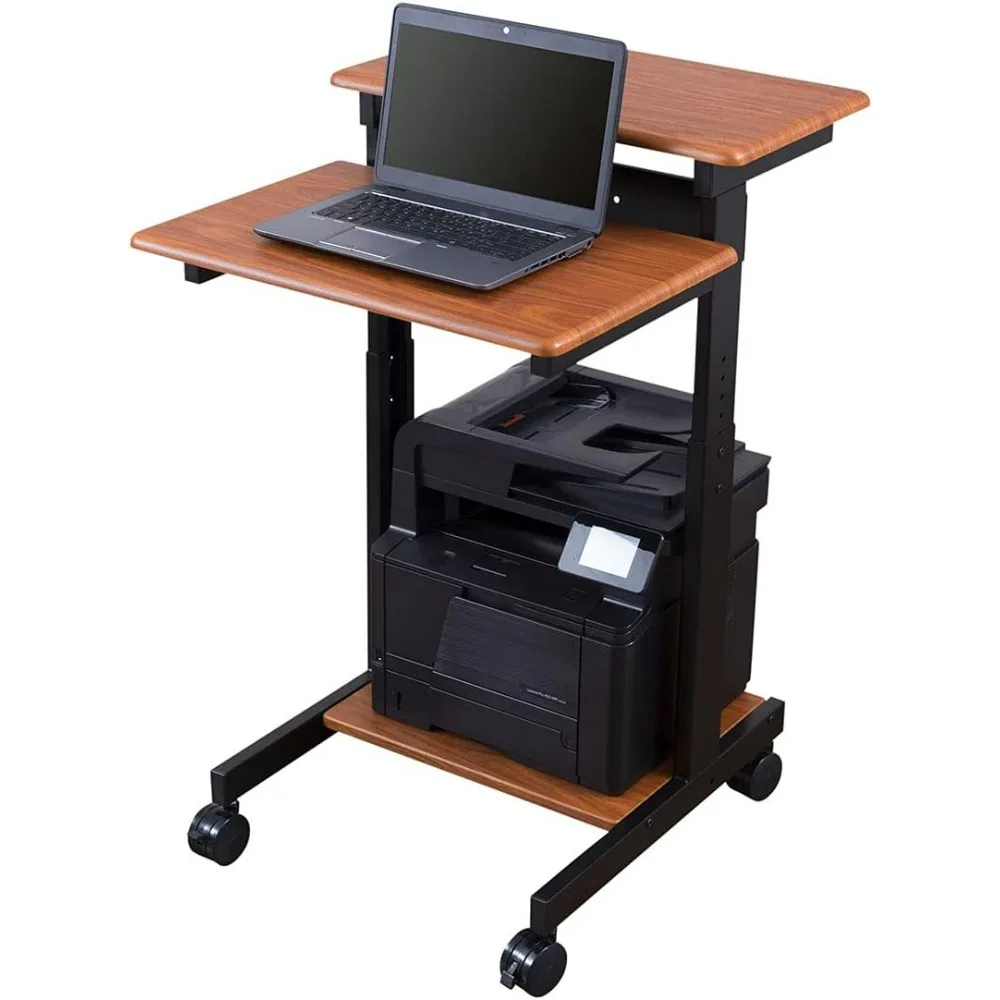 

Stand Up Desk Store Rolling Adjustable Height Two Tier Standing Desk Computer Workstation (Black Frame/Teak Top, 24" Wide)