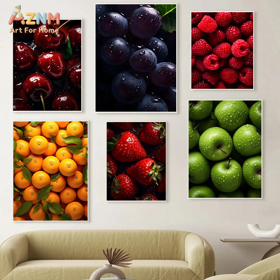 AZNM Dark Background Fresh Fruit Canvas Poster Frameless Wall Art Cherry Lime Orange Dragon Berry Avocado Strawberry Print For K