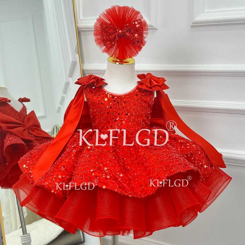 New Toddler Beauty Pageant Dress Red Sequined butterfly Dress One Year Old Birthday Party Baptism Christmas baby Girl Costume