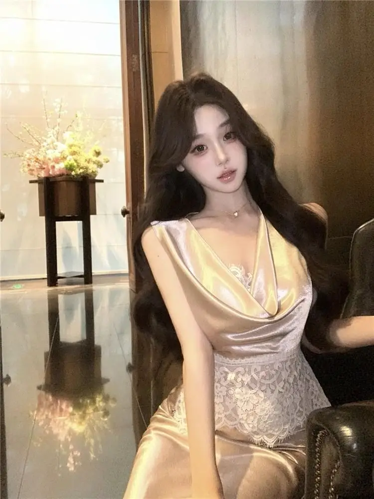 

Summer Women Premium Two Piece Set Lace Splicing Draped Neck Sleeveless Camisole Fishtail Midi Skirt Elegant Style