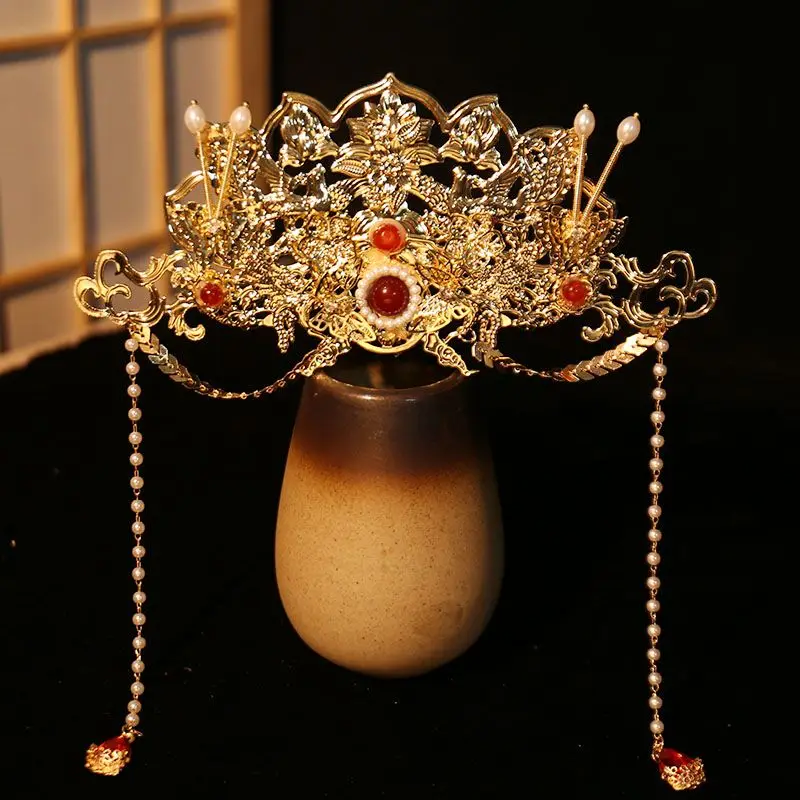 

Аксессуары Hanfu, изготовленные в Мин, головные уборы, кимоно, антикварные волосы, корона, набор заколок для волос, универсальный красный золотой великолепный шаг Феникс