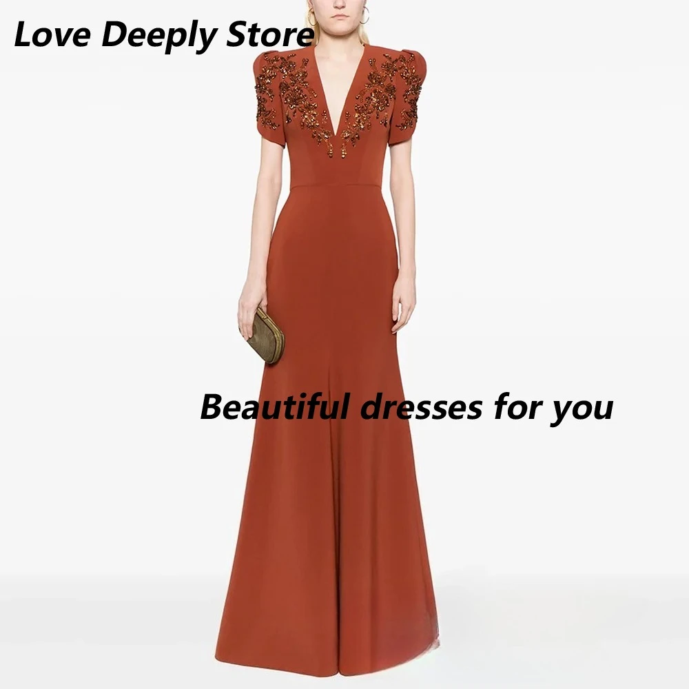 

Exquisite Evening Dress Customized Crystal Beading Short Sleeves V Neck Sweep Train Mermaid Evening Gown Formal Party Dresses