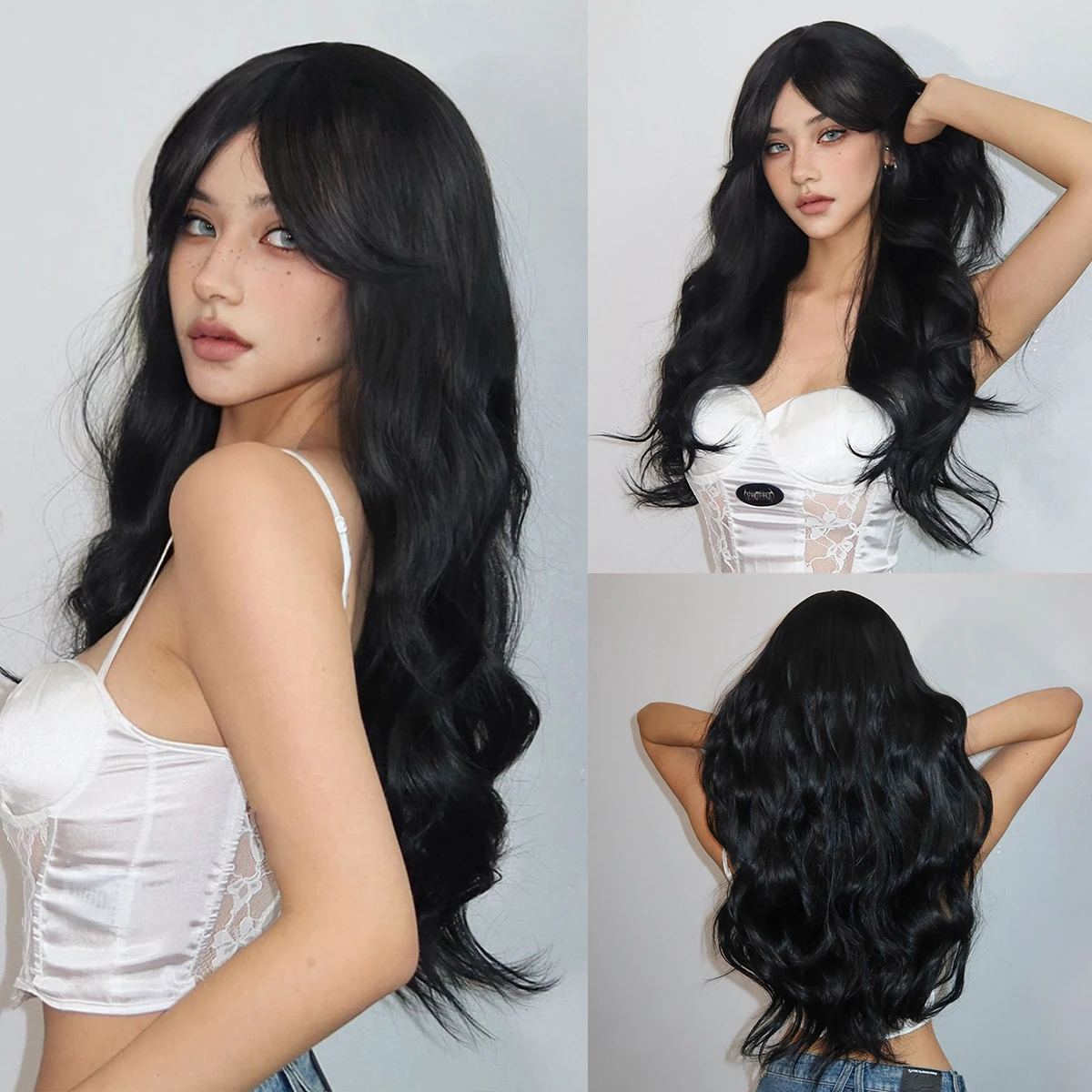 Black Long Wavy Wigs for Women Synthetic Wig with Bangs Deep Wave Hair Cosplay Wig Natural Looking Hair for Daily Heat Reisitant