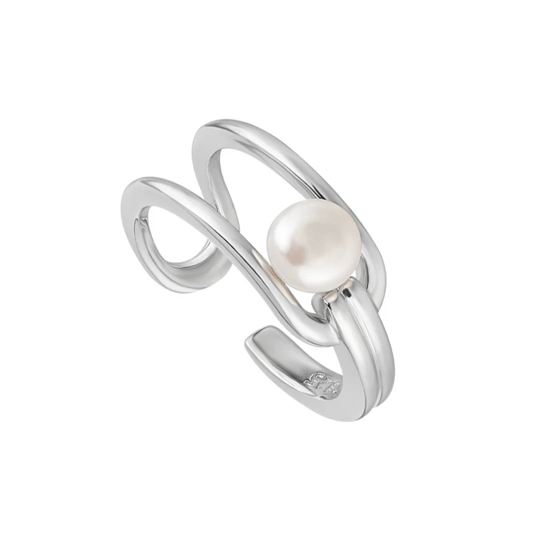 

Small temperament high -level sense of geometric hollow inlaid freshwater pearl S925 sterling silver opening ring