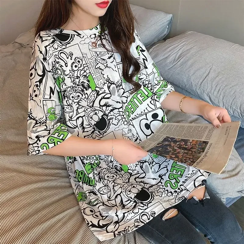 Spring Summer Tide New Cartoon Short -sleeved T -shirt Female Loose Mid -length Half -sleeve Top Women's Clothing