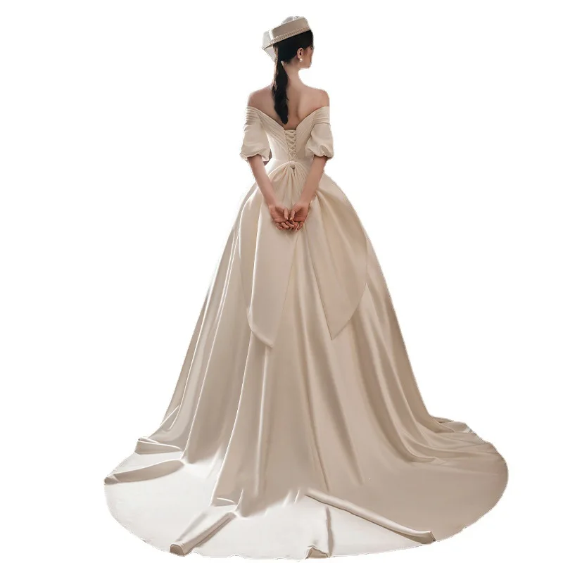 Abiti da sposa con maniche a sbuffo in raso a cuore di lusso con spalle scoperte abito formale a-line eleganti abiti da festa Illusion