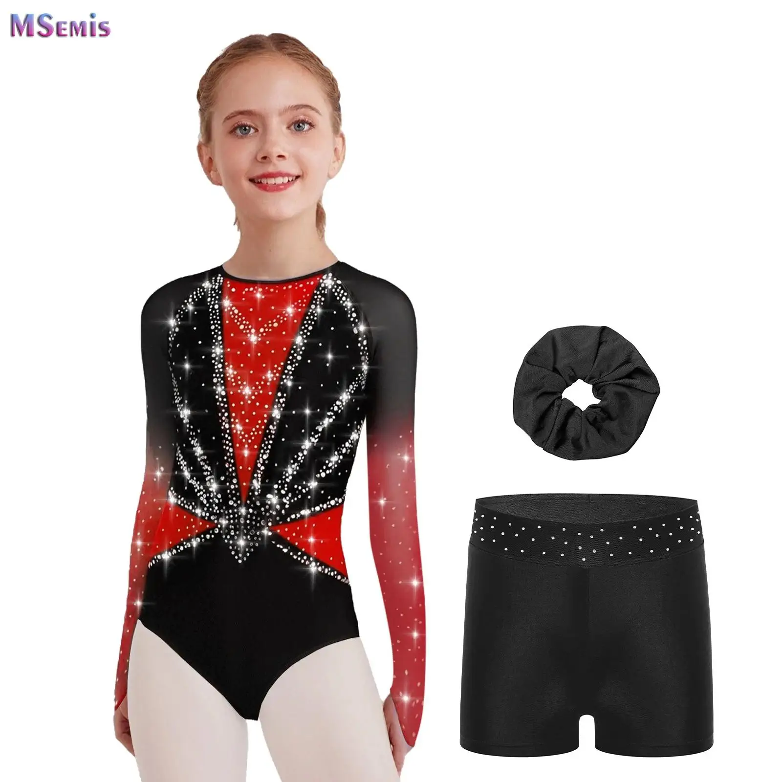 

Girls Rhythmic Gymnastics Leotard Kids Sparkle 3 Piece Dance Leotard Athletic Tumbling Outfits Bodysuit Vest Leggings Shorts