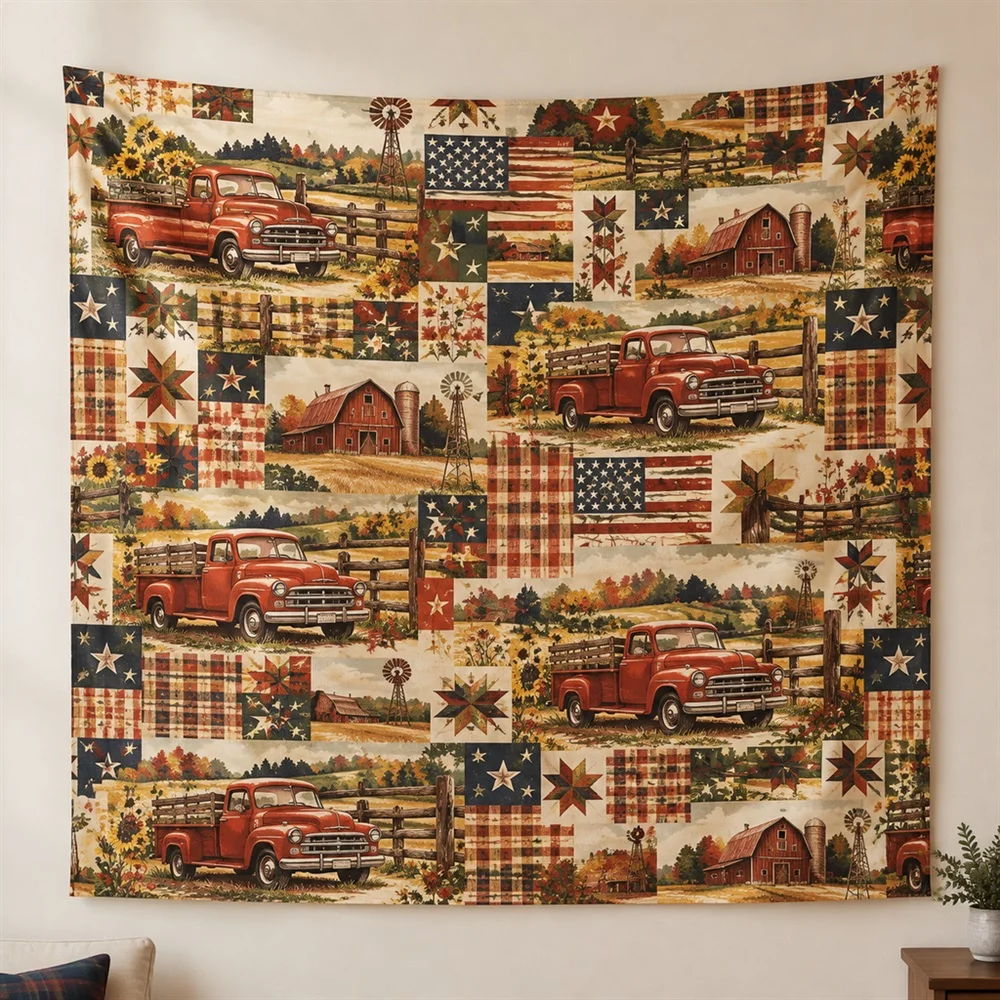 VIKAMA Vintage Pickup Truck Allover Pattern Tapestry Wall Hanging, American Wall Decor Tapestries for Bedroom Living Room Study