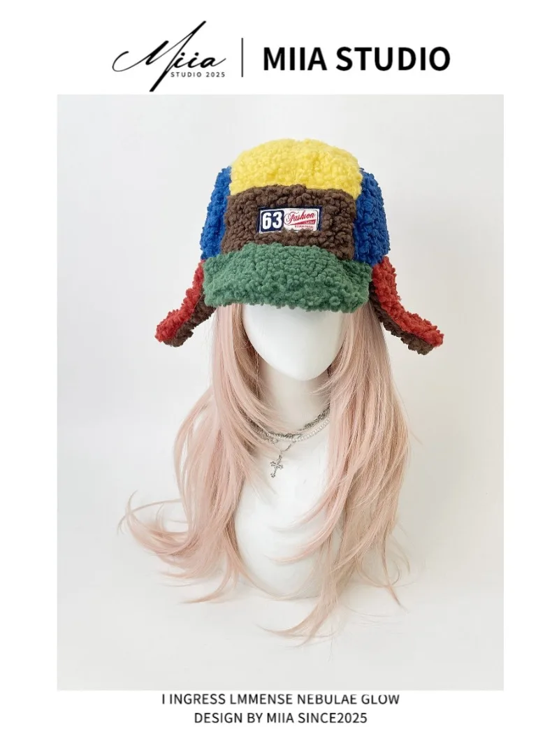 2025 nuevo lindo Puff Rana alas de lana de cordero sombrero de bombardero de 5 paneles otoño e invierno cálido sombrero de piloto de esquí