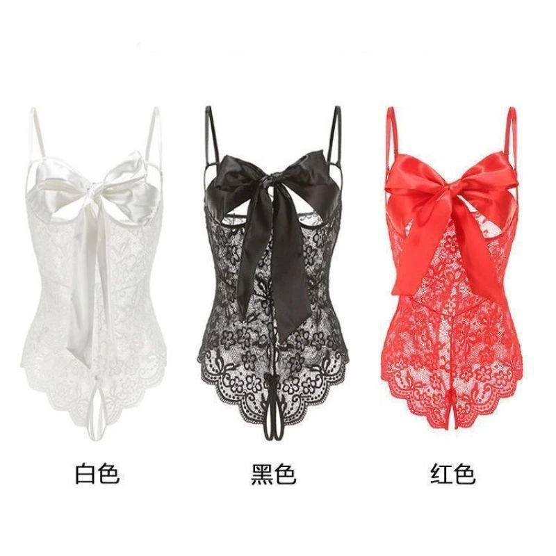 

Teasing Sexy Hollow Women Lingerie Bow Tie See-through One-piece Bodysuit Temptation Open File Lace Onesie Pajamas