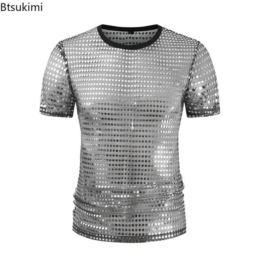 2025 Men's Shiny Sequins Shirts Trend Loose Jazz Hip Hop Modern Dance Tops 70's Men DJ Nightclub Stage Performance Costume Tees