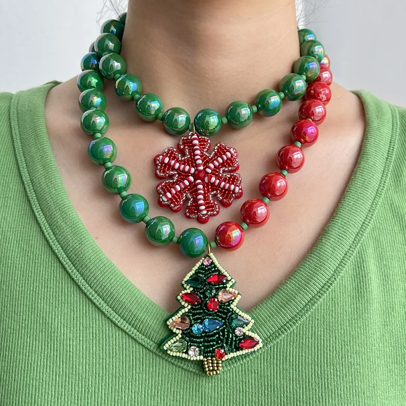 Christmas Iridescent Bead Necklace with Santa, Christmas Tree, Snowflake, and Gingerbread House Pendants
