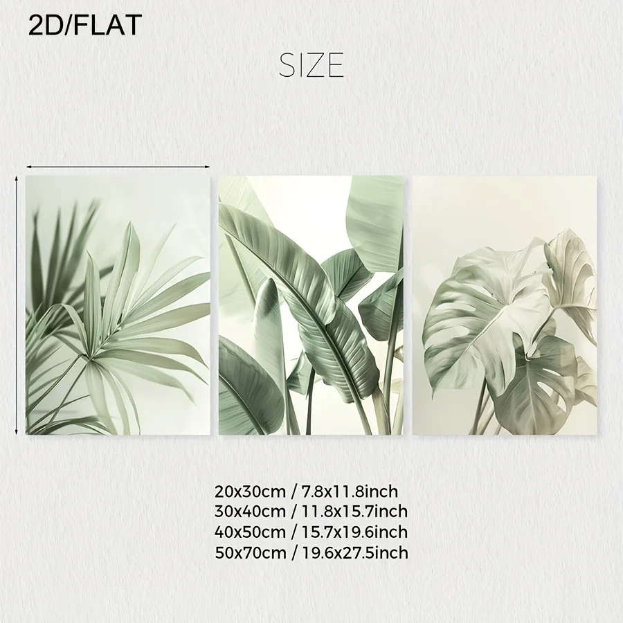 2D Flat, 3pcs/set Of Tropical Plant Wall Art Deco Paintings, Sage Green Palm Leaf Wall Decoration, 2d/flat Frameless Canvas Post