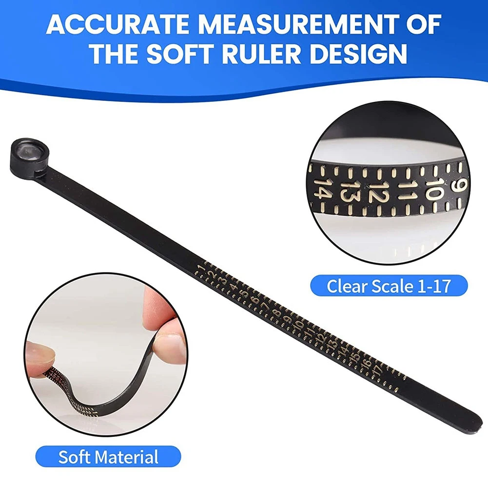VEHO-Ring Size Ruler,Ring Sizer Measurement Tool, Finger Size Gauge With Magnifying Glass, Plastic Finger Belt 1-17 US Size