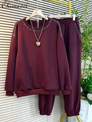 Fleece Lined Fashion Oversized Slimming Suit 2024 Spring New Exquisite Rhinestone Fleece Pullover Tops Sweatpants Two-Piece Set