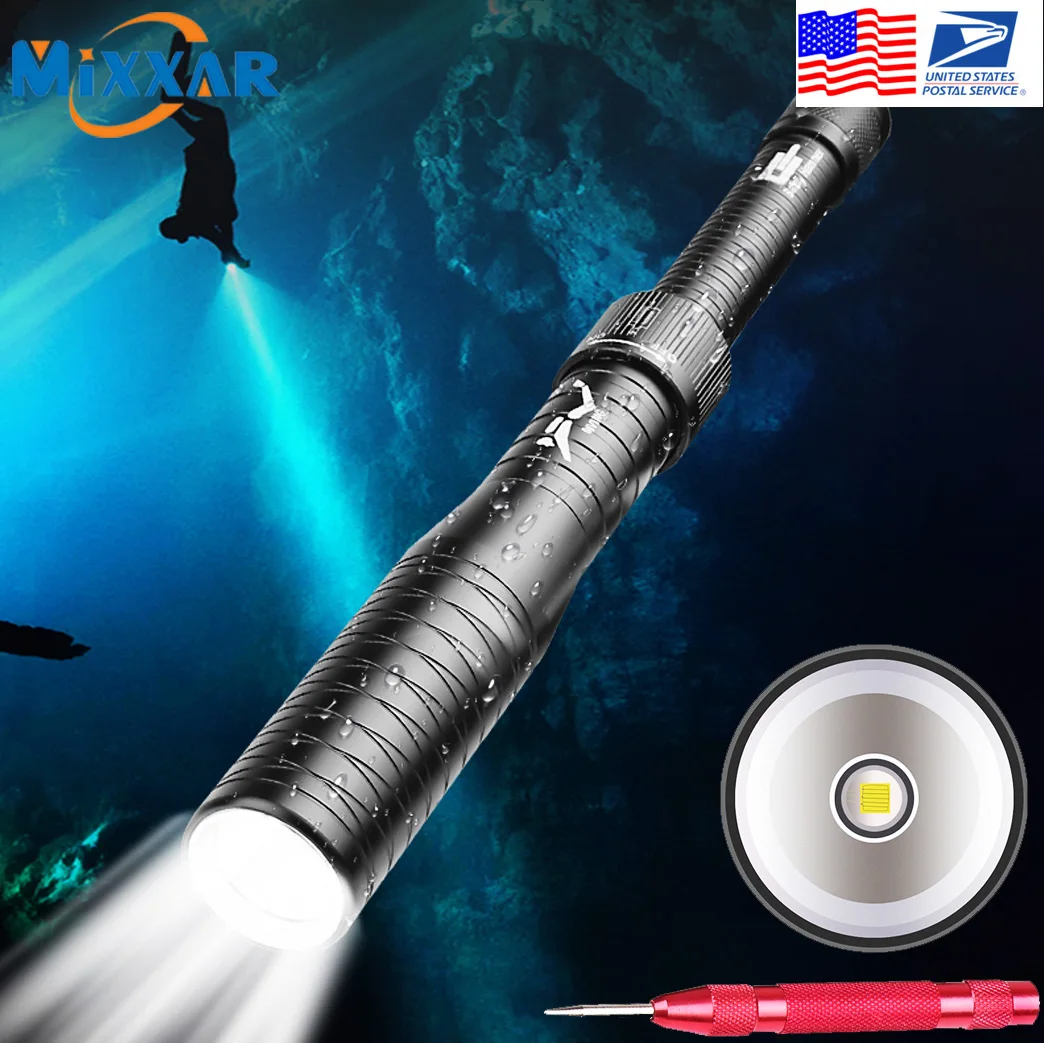 

ZK20 Dropshipping Professional Diving Underwater Dive LED Flashlight Light 30 Meter Torches Lamp Camping Lanterna Safety Hammer