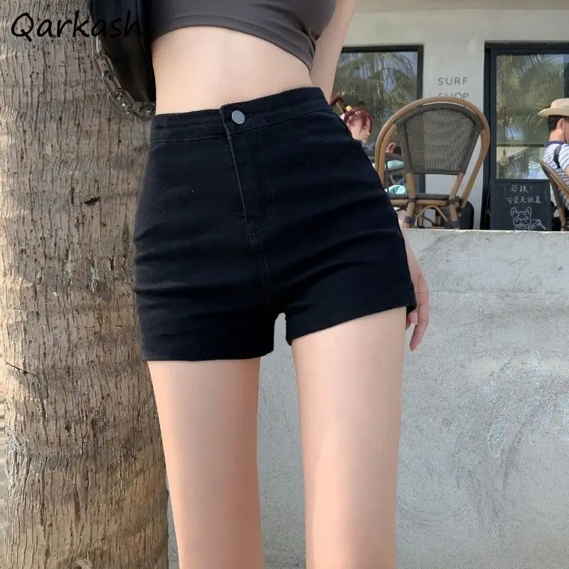 

Black Denim Shorts Women A-line High Waist Stretchy Korean Fashion Skinny Hot Girls Hip Wrapped Solid Sexy Simple Basic Trendy