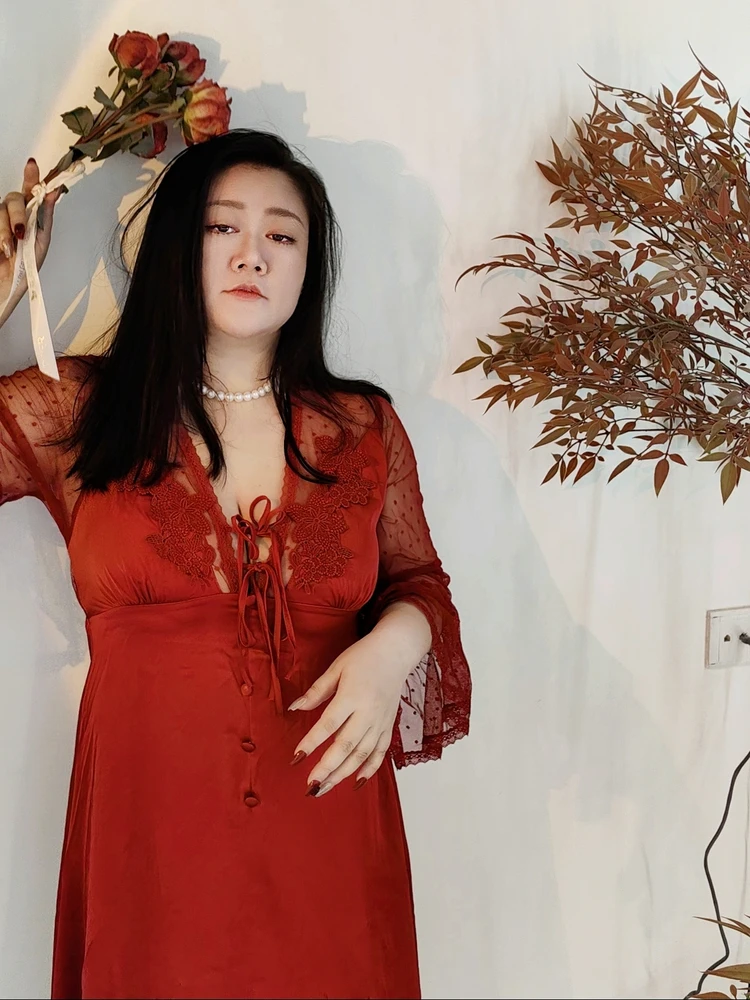 

Wedding Night Rose Red Sexy Unique Beautiful Sleep Dress Women's Nightgown Lace Sleepwear Large Size Elastic Waist Bell Sleeve