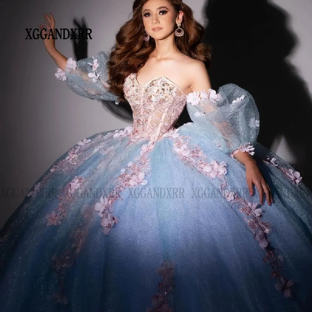 Sky Blue Shiny Sweetheart Quinceanera Dresses Appliques Flower Beads Tulle Puffy Sleeve Formal Dress 16 Years Old Vestidos De 15