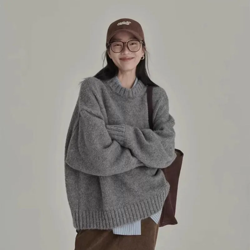 Женский осенне-зимний винтажный серый свитер, клетчатые юбки, костюмы из двух предметов, женский повседневный вязаный пуловер с v-образным вырезом, топы, юбка, наряды