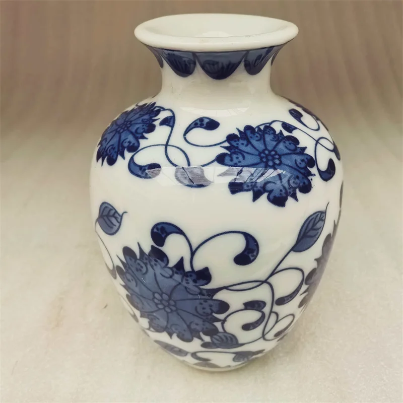 China Old Porcelain Small Necked Vase Blue And White Entangled Lotus Pattern Traditional Decorative Floorstanding Artwork